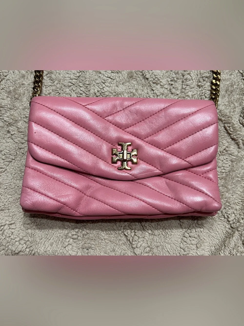 Tory Burch Kira Chevron Quilted Pink Leather Crossbody Shoulder Bag